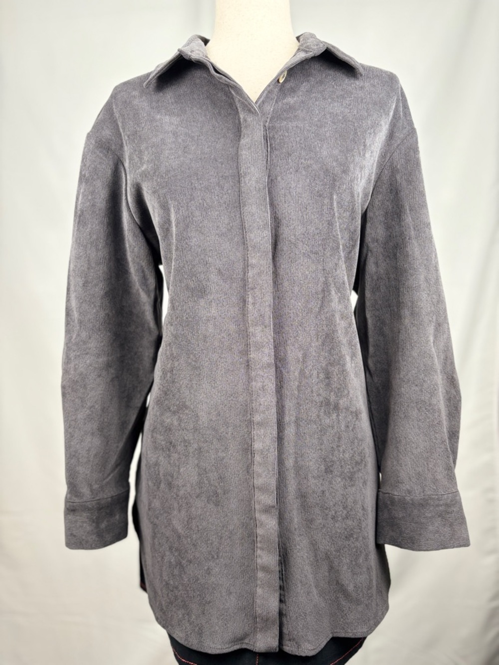 ZARA Gray Fine Corduroy Shirt Dress Tunic Minimalist Button Front Size S